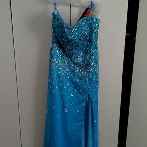 Blue Beaded Mesh Prom Dress